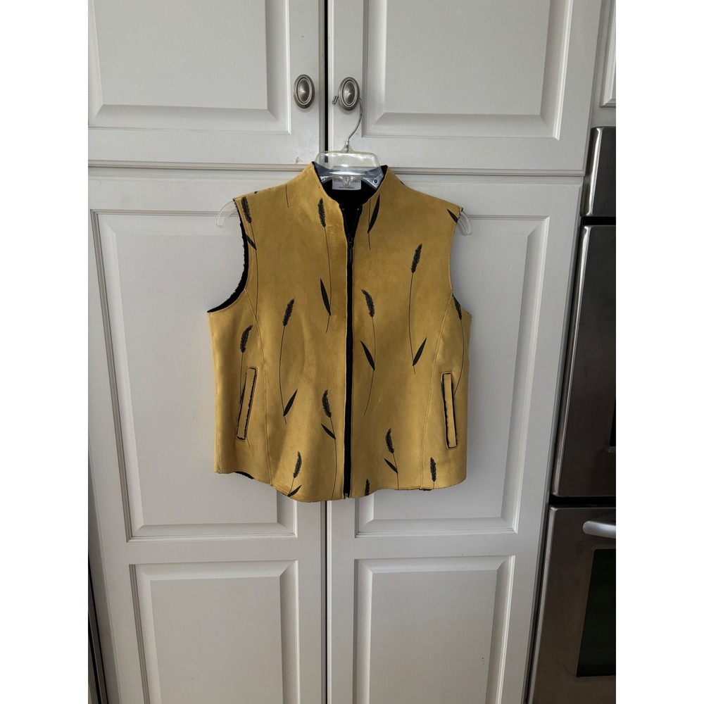 Robert Kitchen Womens Sueded Faux Fur Lined‎ Vest Yellow Wheat Print Size S/P